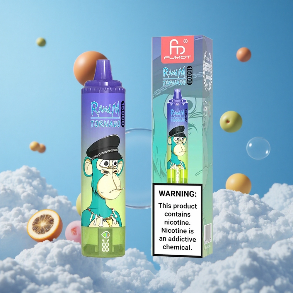RandM Fumot Tornado 15000 Puffs علكة توت أزرق بشاشة LCD وشاحن Type-C