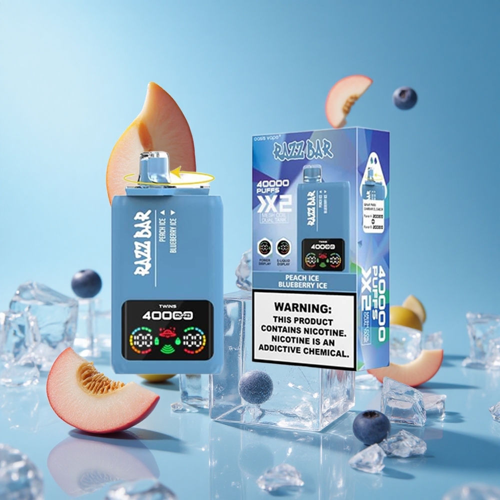 Razz Bar 40000 Puffs سيجارة إلكترونية للاستخدام مرة واحدة خوخ مثلج_توت أزرق مثلج مع شاشة طاقة وبطارية 650 مللي أمبير