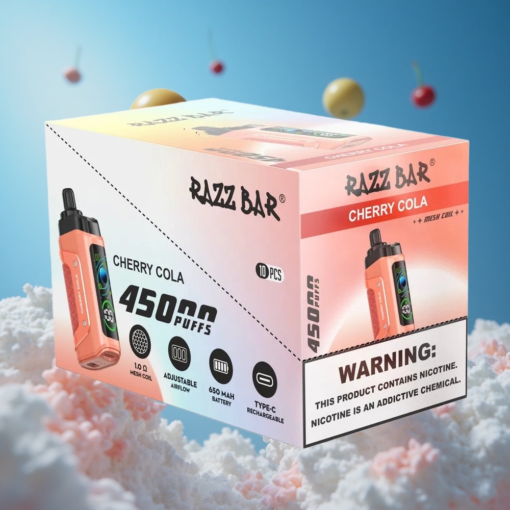 Razz Bar 45000 Puffs فيب قابل للتصريف كرز كولا مع بطارية 650 مللي أمبير وشاحن Type-C