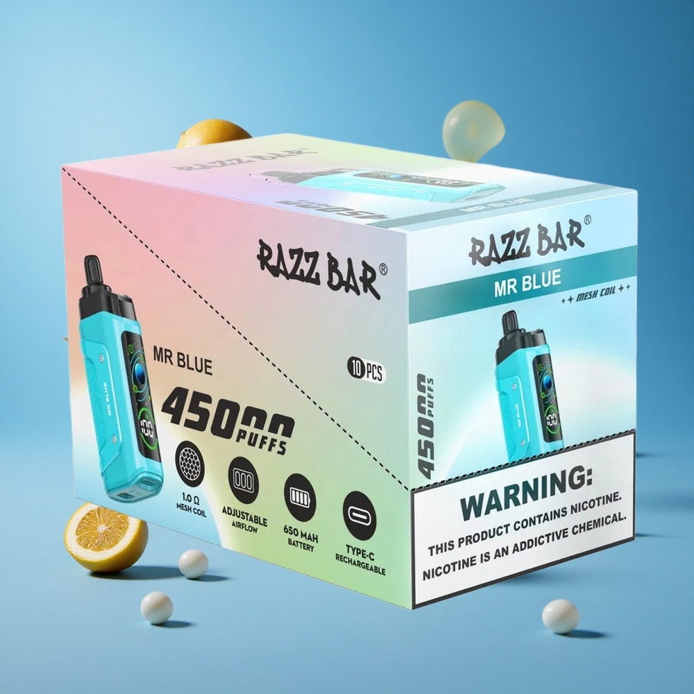 Razz Bar 45000 Puffs سيجارة إلكترونية للاستخدام مرة واحدة Mr Blue (الأزرق) مع 1.0 Ohm Mesh Coil