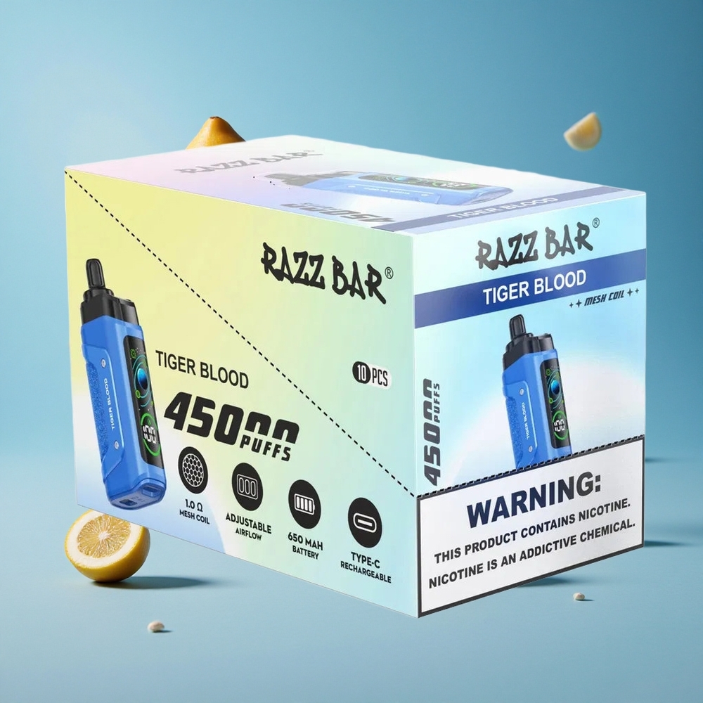 Razz Bar 45000 Puffs Tiger Blood دم النمر سيجارة إلكترونية للاستخدام مرة واحدة مع 1.0 Ohm Mesh Coil وشاحن Type-C