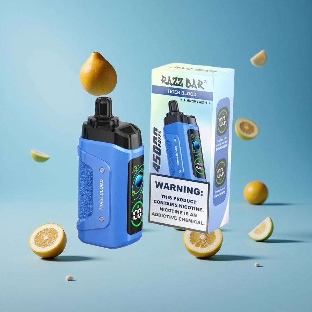 Razz Bar 45000 Puffs Tiger Blood دم النمر سيجارة إلكترونية للاستخدام مرة واحدة مع 1.0 Ohm Mesh Coil وشاحن Type-C
