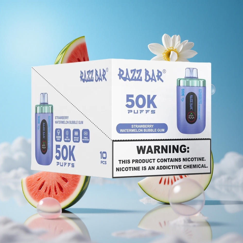 Razz Bar 50K بخاخة نكهات الفراولة-البطيخ-علكة الفقاعات مع بطارية 650 مللي أمبير وشاحن Type-C