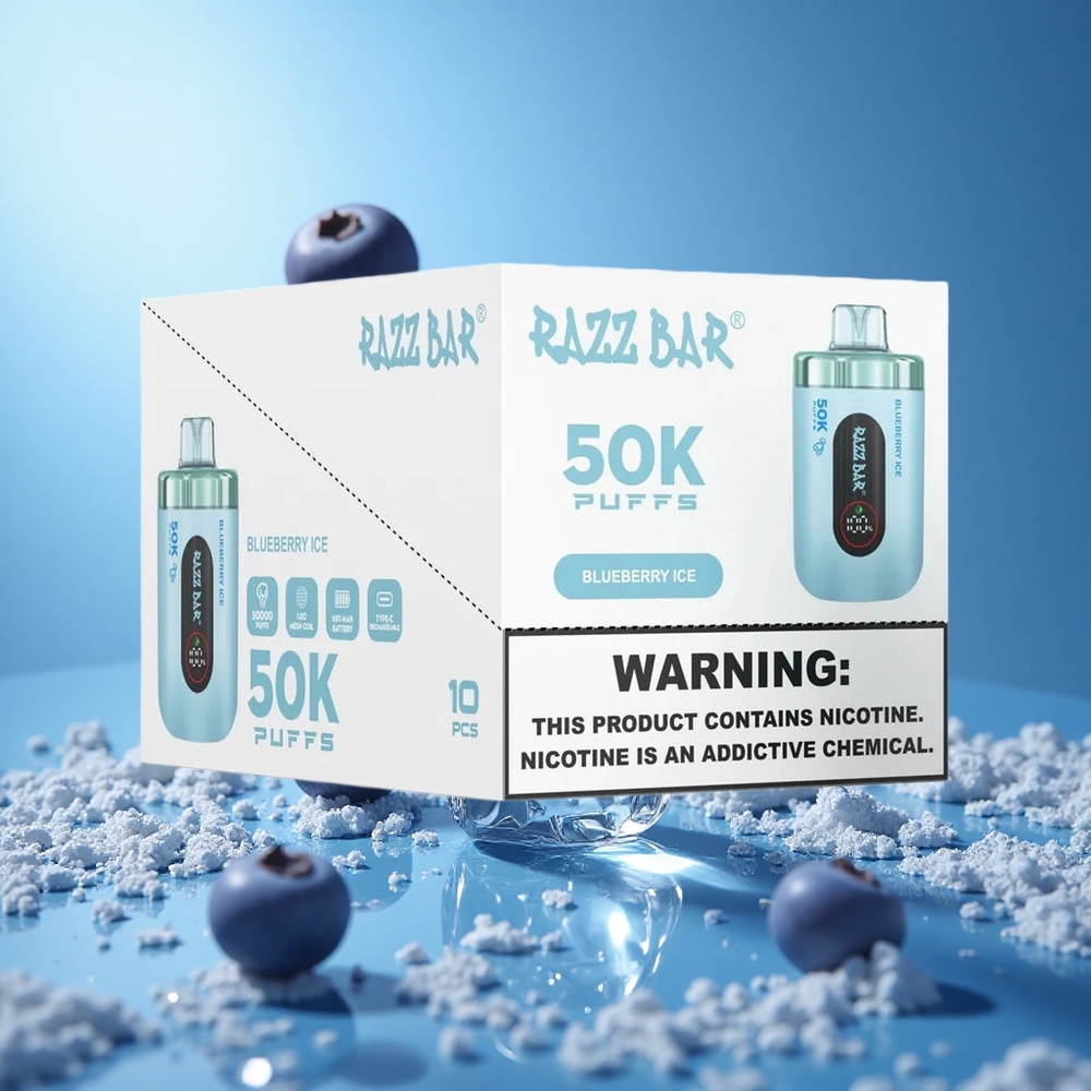 Razz Bar 50K Puffs سيجارة إلكترونية للاستخدام مرة واحدة توت أزرق مثلج مع 50000 نفخة وشاحن Type-C