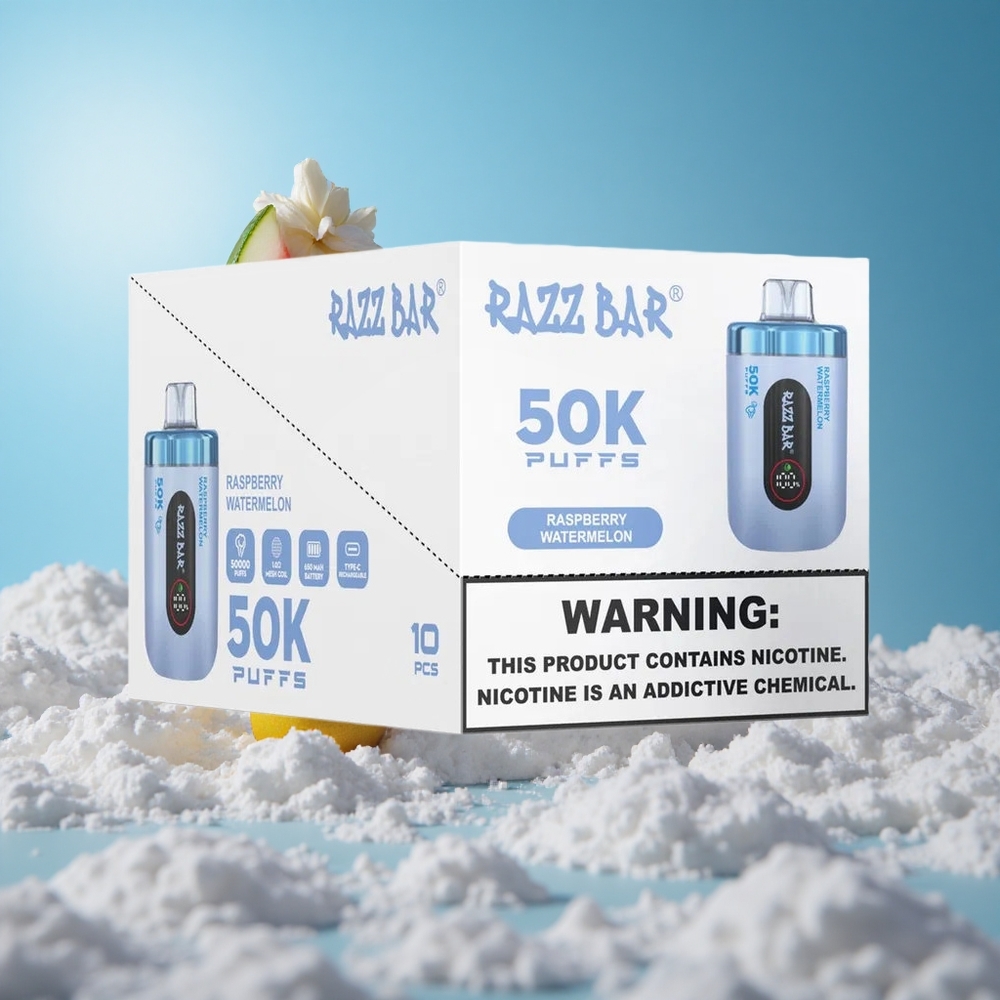 Razz Bar 50K Puffs سيجارة إلكترونية للاستخدام مرة واحدة توت العليق بطيخ مع 50000 نفخة وشاحن Type-C