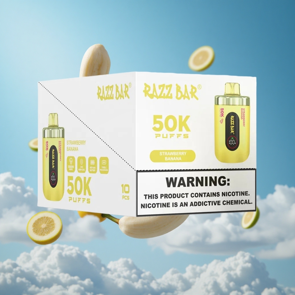 Razz Bar 50K Puffs سيجارة إلكترونية للاستخدام مرة واحدة فراولة موز مع 50000 نفخة وشاحن Type-C