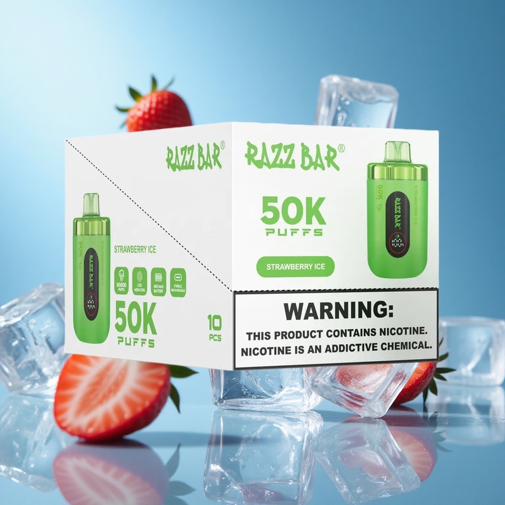 Razz Bar 50K Puffs بخاخة نكهة الفراولة والثلج مع بطارية 650 مAh وشاحن Type-C