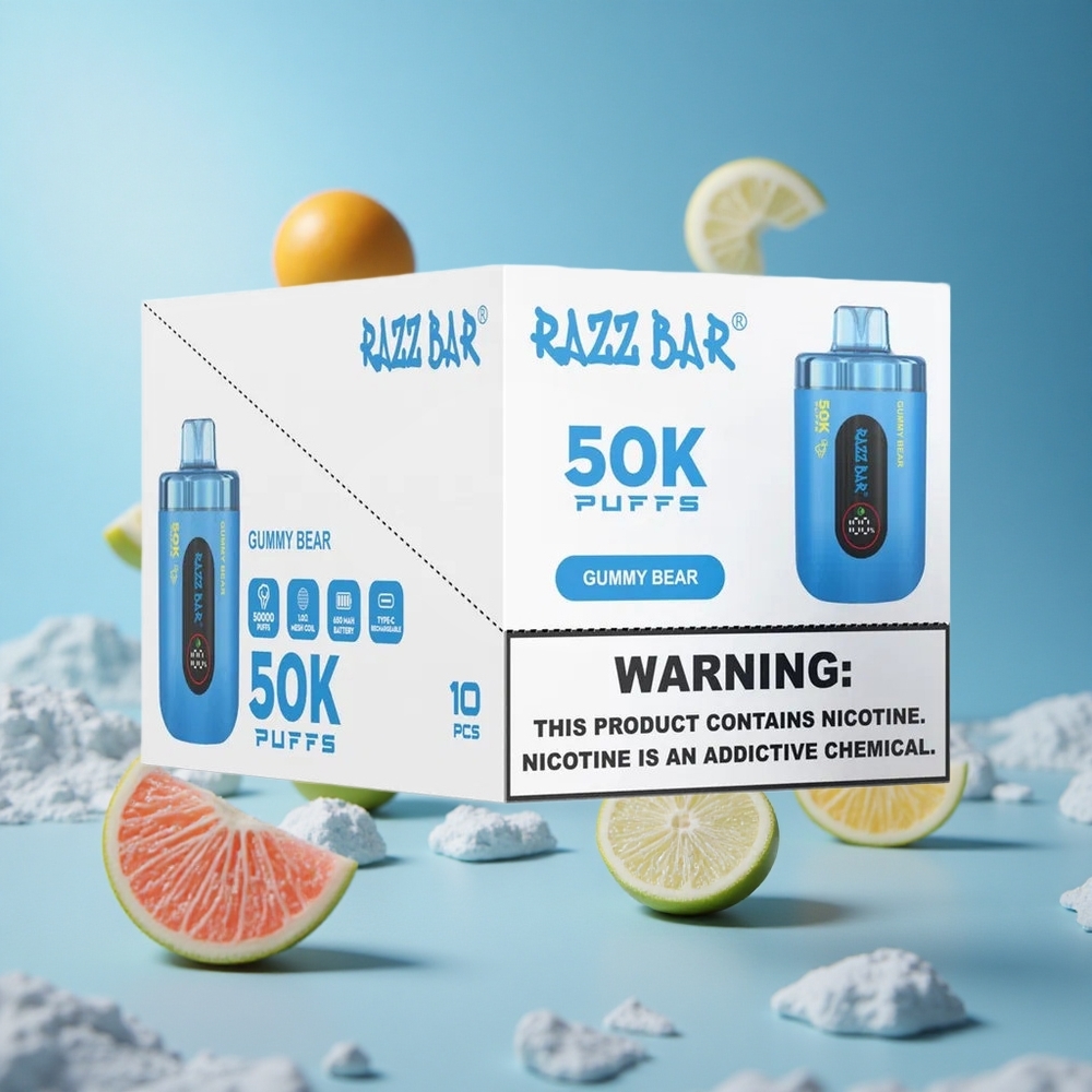 Razz Bar 50K Puffs بخاخ كهرماني مع بطارية 650 مللي أمبير وشاحن Type-C