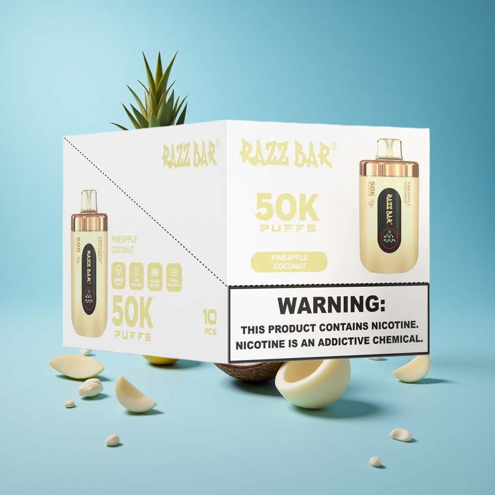 Razz Bar 50K Puffs نكهة الأناناس وجوز الهند مع بطارية 650 مللي أمبير وشاحن Type-C
