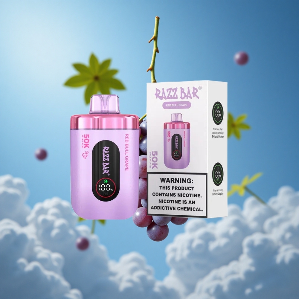 Razz Bar 50K Puffs Vape Disposable عنب ريد بول وتوت أحمر بملف شبكي 1.0 أوم وبطارية 650 مللي أمبير