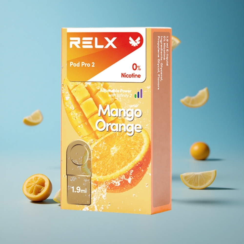 RELX Pod Pro 2 جهاز فايب مانجو برتقال (خالي من النيكوتين، 600 نفخة)